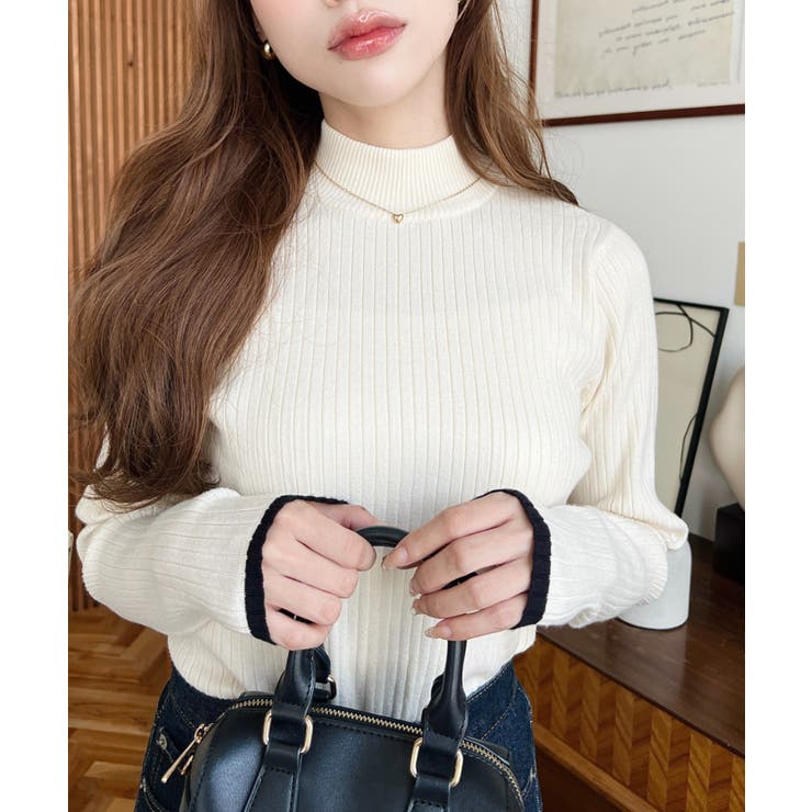 アイボリー | ボトルネック配色ラインワイドリブニットプルオーバー12G | moment+