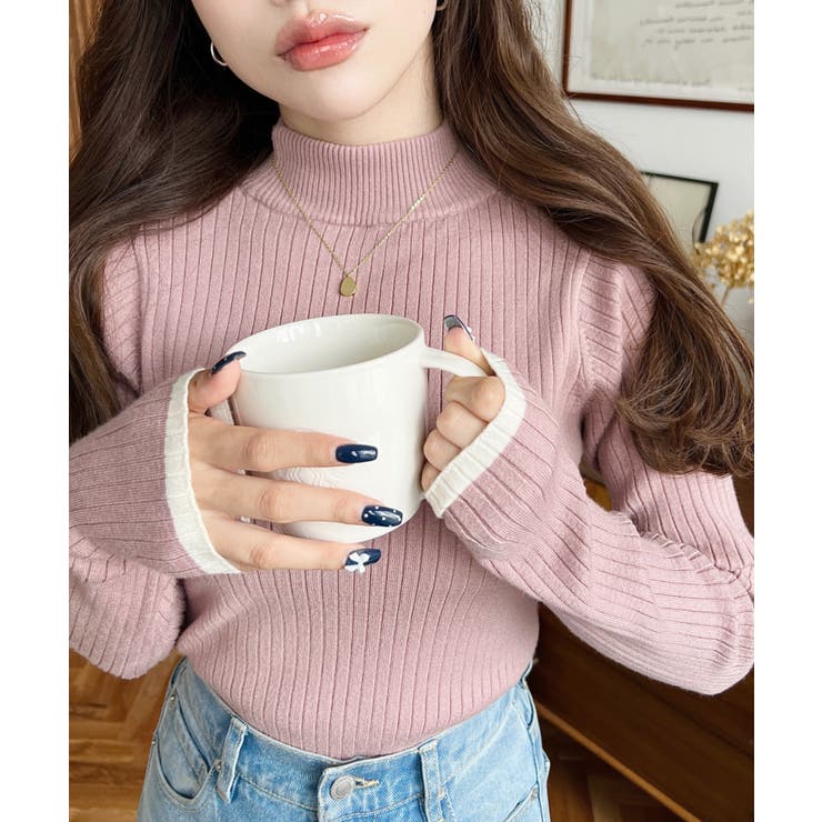 ピンク | ボトルネック配色ラインワイドリブニットプルオーバー12G | moment+