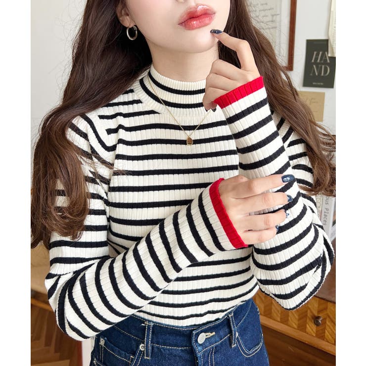 ホワイト系その他 | ボトルネック配色ラインワイドリブニットプルオーバー12G | moment+