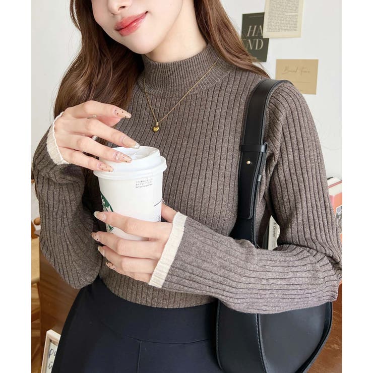 ブラウン系その他 | ボトルネック配色ラインワイドリブニットプルオーバー12G | moment+