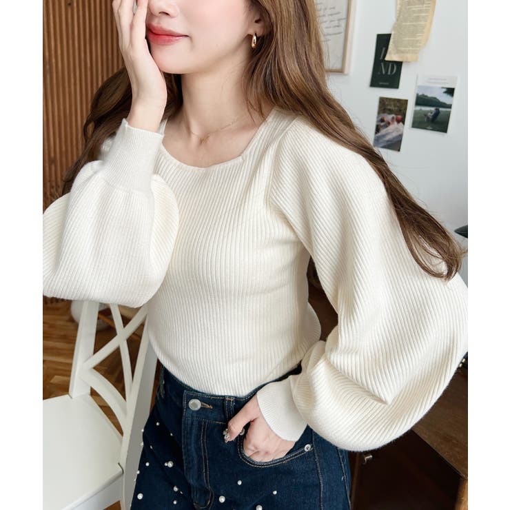 スクエアネックタックスリーブリブニットプルオーバー12G | moment+ | 詳細画像16 