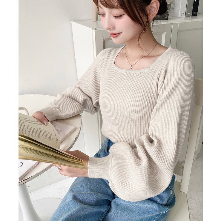 スクエアネックタックスリーブリブニットプルオーバー12G | moment+ | 詳細画像48 