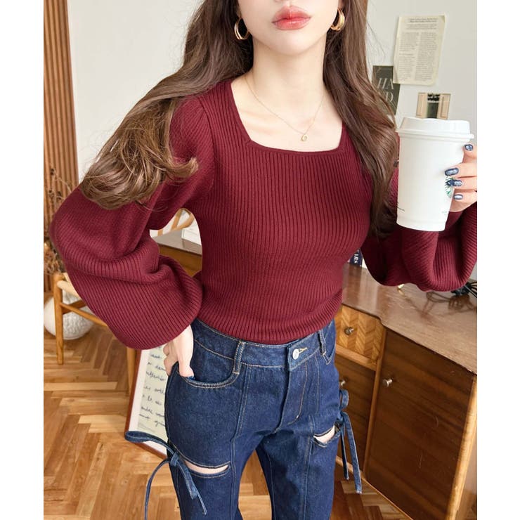 スクエアネックタックスリーブリブニットプルオーバー12G | moment+ | 詳細画像52 