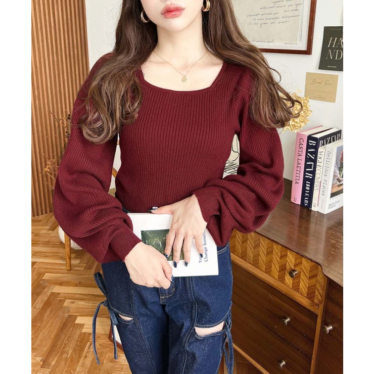 スクエアネックタックスリーブリブニットプルオーバー12G | moment+ | 詳細画像54 