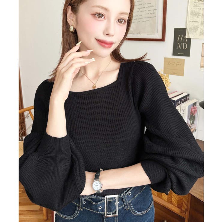 ブラック | スクエアネックタックスリーブリブニットプルオーバー12G | moment+