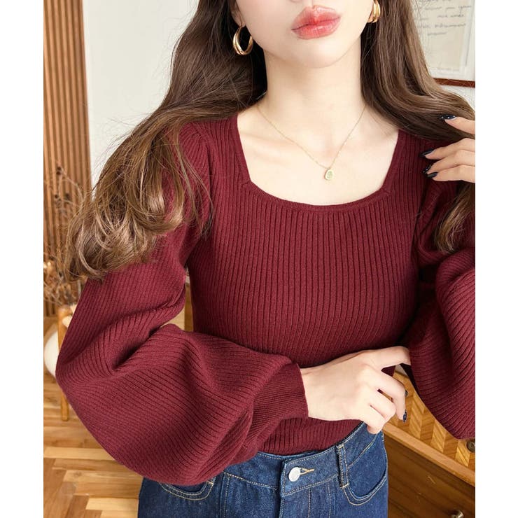 ボルドー | スクエアネックタックスリーブリブニットプルオーバー12G | moment+