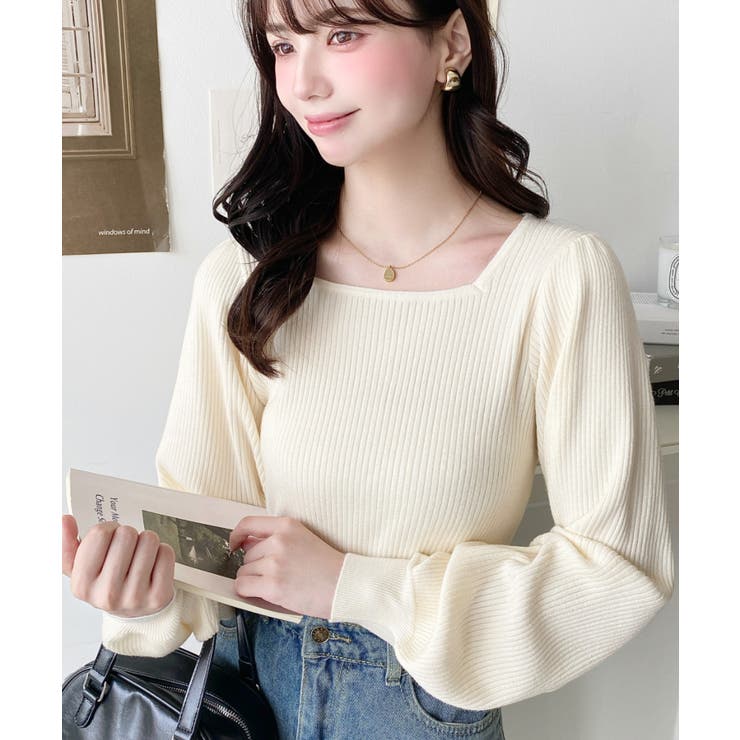 アイボリー | スクエアネックタックスリーブリブニットプルオーバー12G | moment+