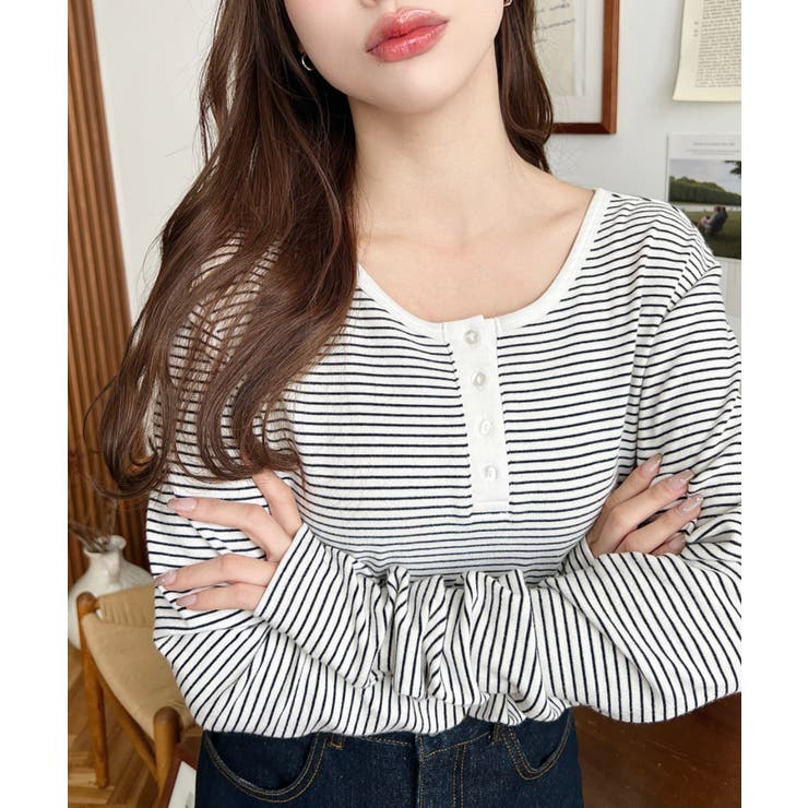 前後2WAY袖くしゅくしゅヘンリーネックボーダーロンT | moment+ | 詳細画像23 