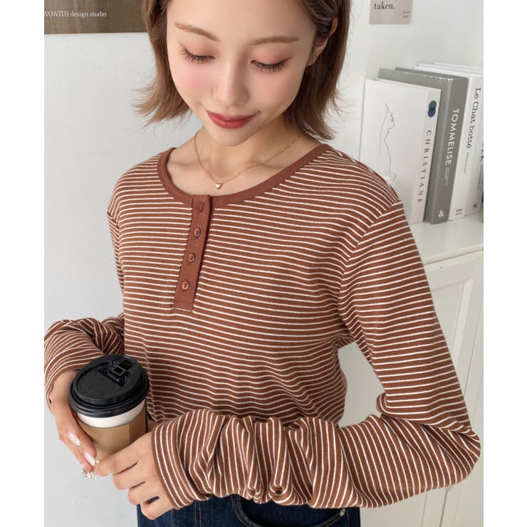 前後2WAY袖くしゅくしゅヘンリーネックボーダーロンT[品番
