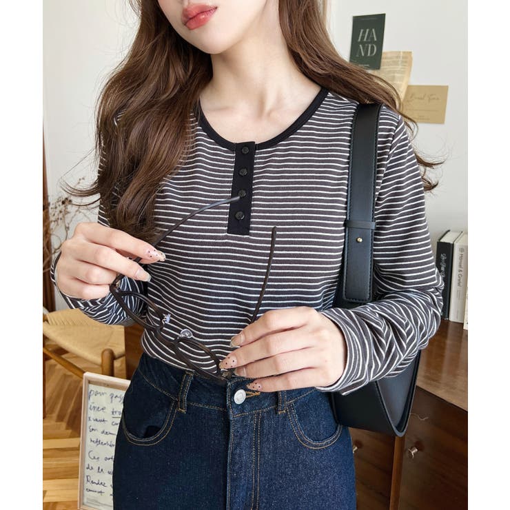 前後2WAY袖くしゅくしゅヘンリーネックボーダーロンT | moment+ | 詳細画像36 