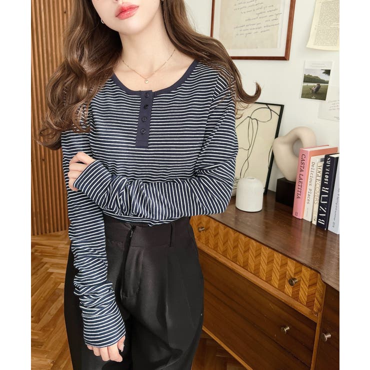 前後2WAY袖くしゅくしゅヘンリーネックボーダーロンT | moment+ | 詳細画像44 