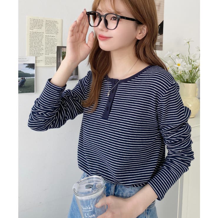 前後2WAY袖くしゅくしゅヘンリーネックボーダーロンT[品番