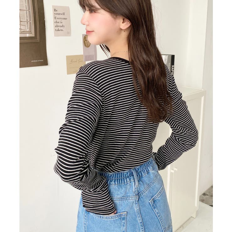 前後2WAY袖くしゅくしゅヘンリーネックボーダーロンT[品番