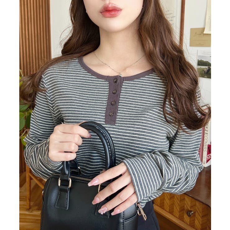 前後2WAY袖くしゅくしゅヘンリーネックボーダーロンT | moment+ | 詳細画像73 