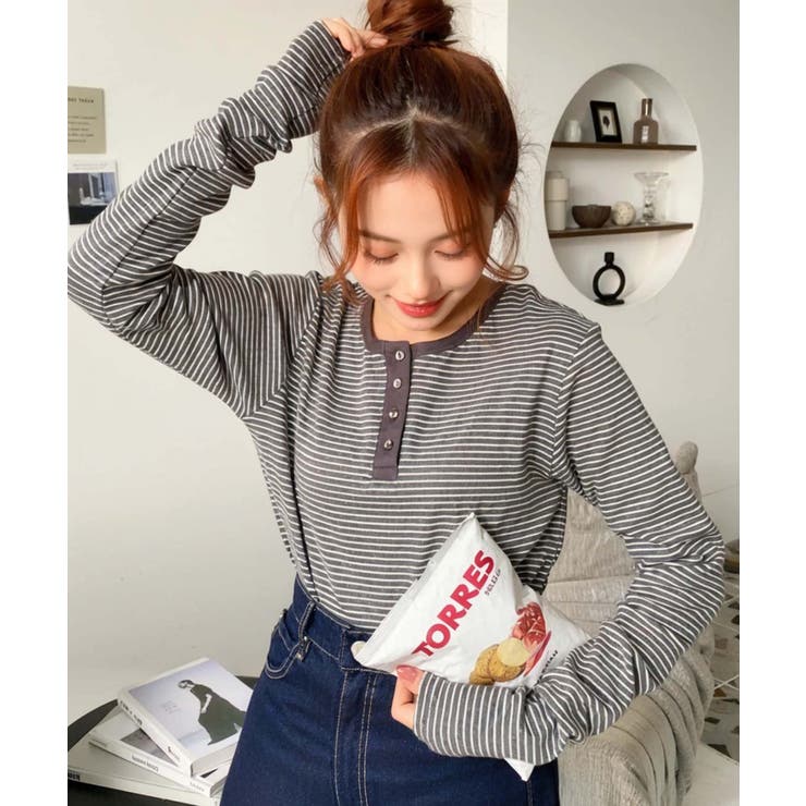 前後2WAY袖くしゅくしゅヘンリーネックボーダーロンT | moment+ | 詳細画像77 