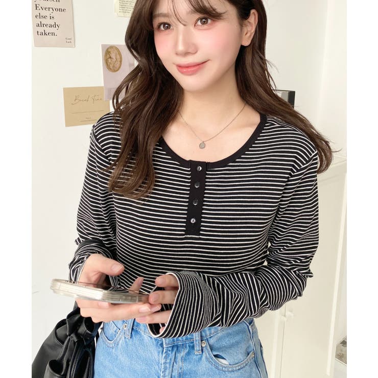 ブラック | 前後2WAY袖くしゅくしゅヘンリーネックボーダーロンT | moment+