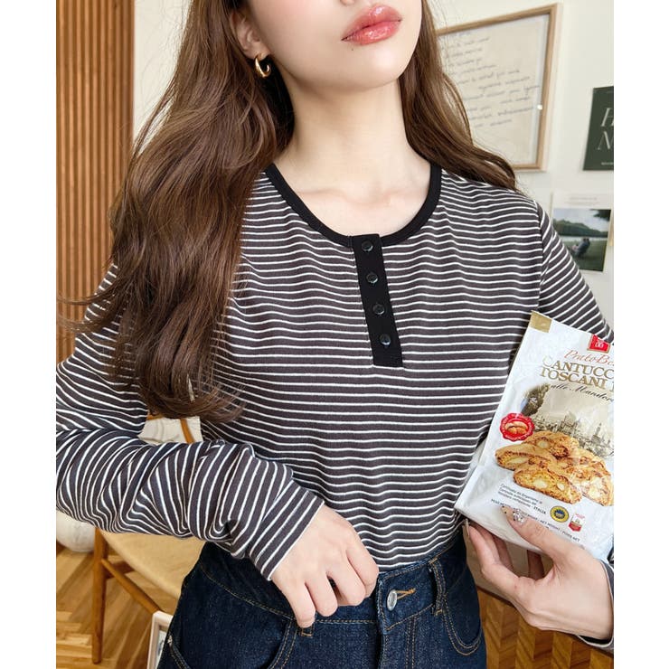 チャコールグレー | 前後2WAY袖くしゅくしゅヘンリーネックボーダーロンT | moment+