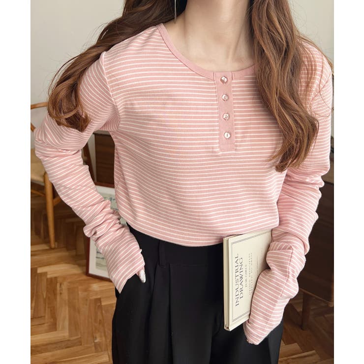 ピンク | 前後2WAY袖くしゅくしゅヘンリーネックボーダーロンT | moment+