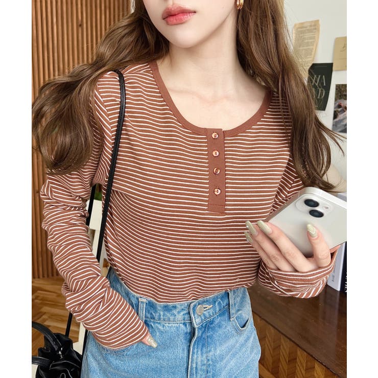 ダークオレンジ | 前後2WAY袖くしゅくしゅヘンリーネックボーダーロンT | moment+