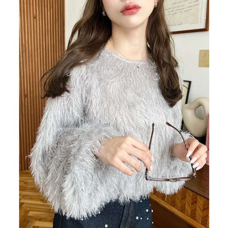 グレー | 裾バルーンフリンジ長袖プルオーバー | moment+