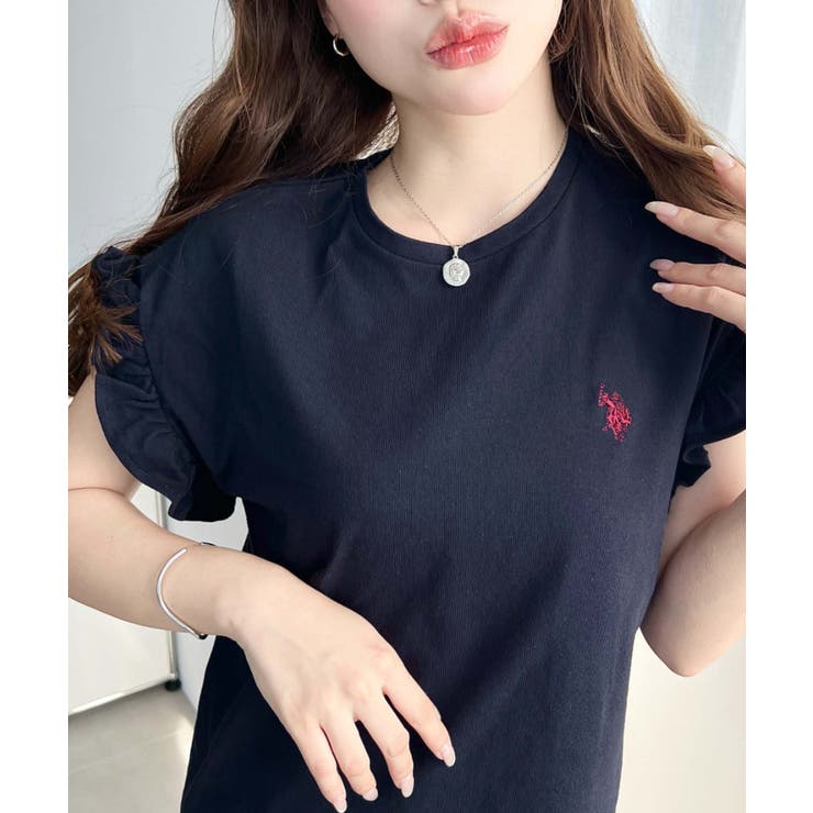 ネイビー | U.S.POLO ASSN.ワンポイント刺繍ショルダーフリル Tシャツ | moment+