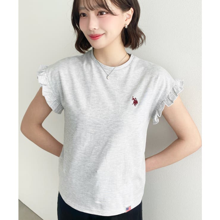 オートミール | U.S.POLO ASSN.ワンポイント刺繍ショルダーフリル Tシャツ | moment+
