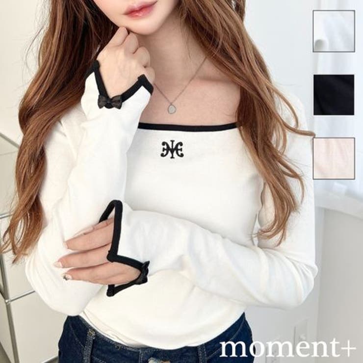 長袖スクエアネックフロントロゴ刺繍袖リボンプルオーバー 綿100％フライス | moment+ | 詳細画像1 