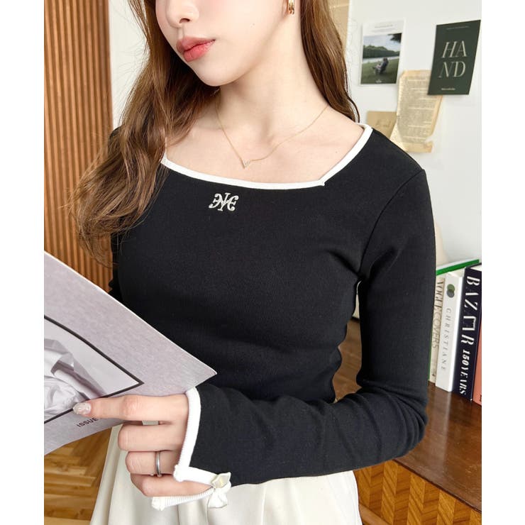 長袖スクエアネックフロントロゴ刺繍袖リボンプルオーバー 綿100％フライス | moment+ | 詳細画像18 