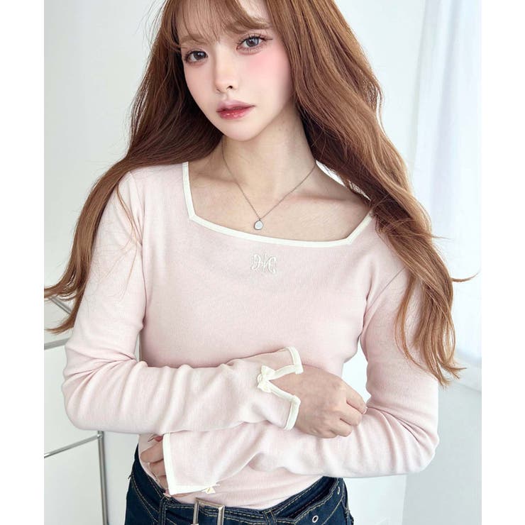 長袖スクエアネックフロントロゴ刺繍袖リボンプルオーバー 綿100％フライス | moment+ | 詳細画像20 