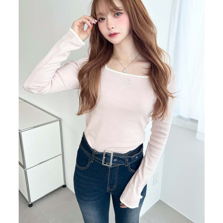 長袖スクエアネックフロントロゴ刺繍袖リボンプルオーバー 綿100％フライス | moment+ | 詳細画像23 