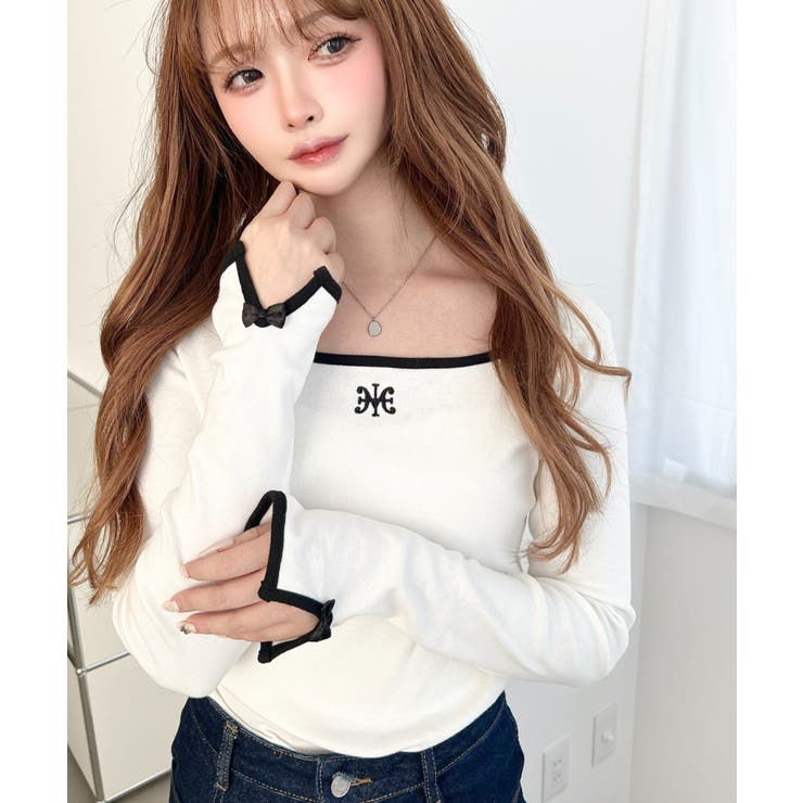 長袖スクエアネックフロントロゴ刺繍袖リボンプルオーバー 綿100％フライス | moment+ | 詳細画像4 