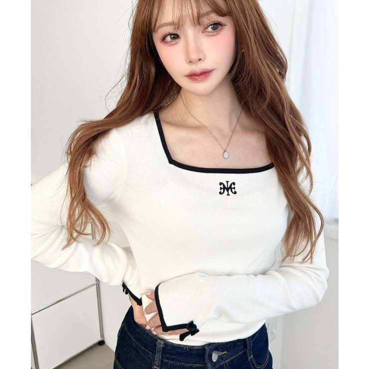 長袖スクエアネックフロントロゴ刺繍袖リボンプルオーバー 綿100％フライス | moment+ | 詳細画像5 