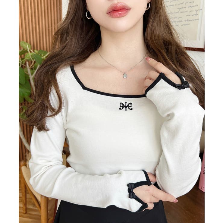 長袖スクエアネックフロントロゴ刺繍袖リボンプルオーバー 綿100％フライス | moment+ | 詳細画像6 