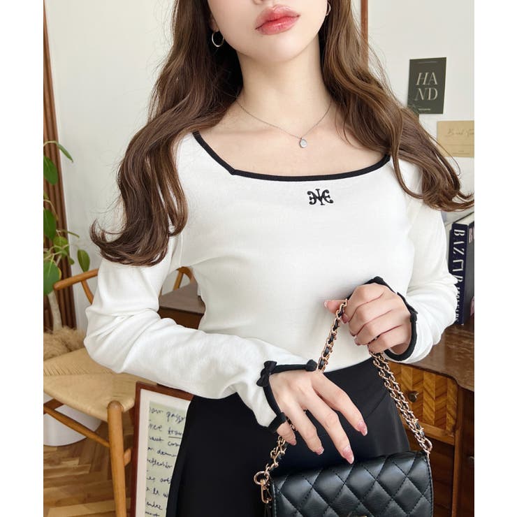 長袖スクエアネックフロントロゴ刺繍袖リボンプルオーバー 綿100％フライス | moment+ | 詳細画像8 