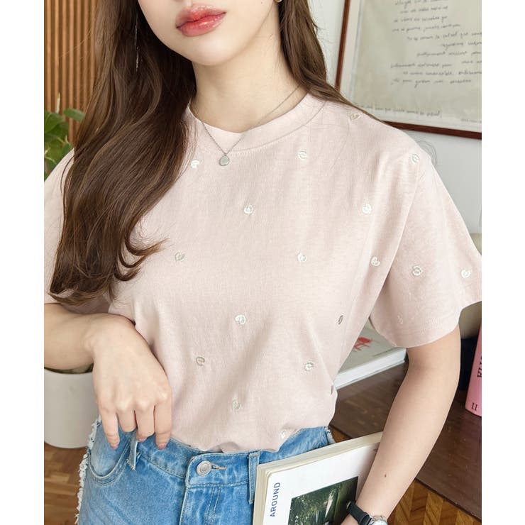 ピンク | ハート刺繍半袖Tシャツ | moment+