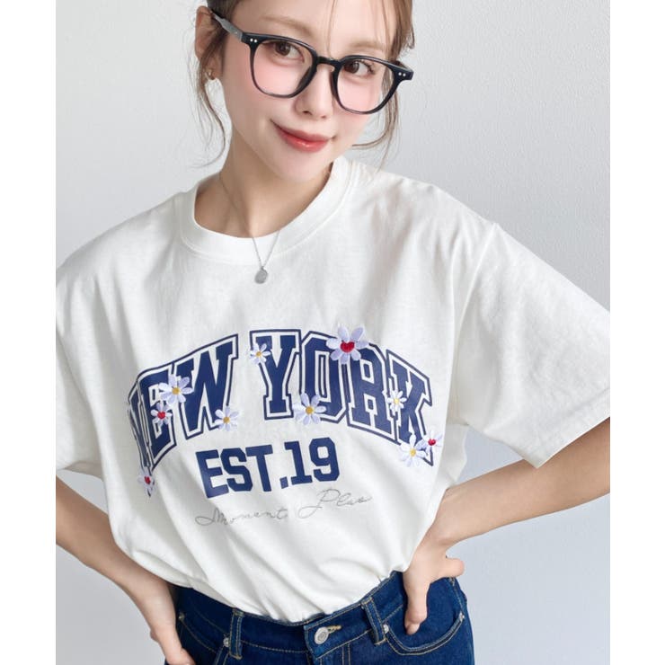 ロゴプリント＆フラワー刺繍Tシャツ 綿100%天竺 | moment+ | 詳細画像9 