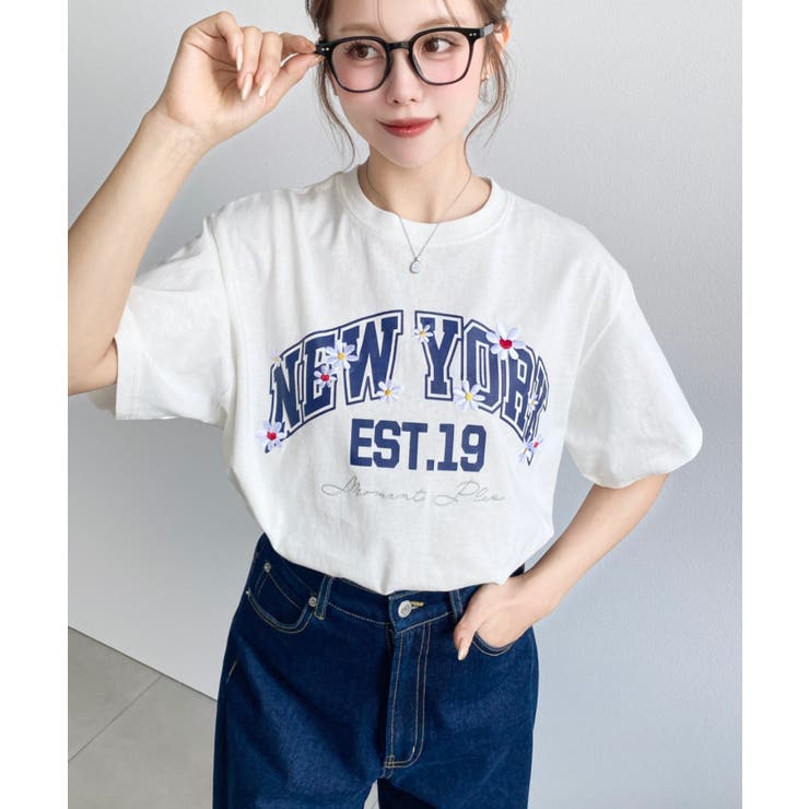 ロゴプリント＆フラワー刺繍Tシャツ 綿100%天竺 | moment+ | 詳細画像10 