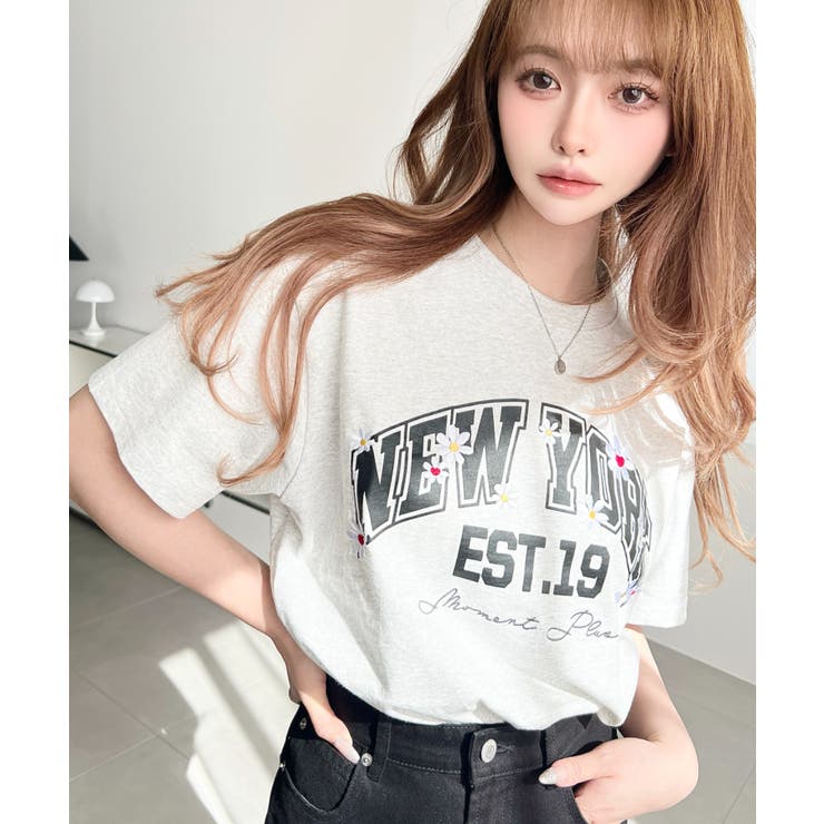 ロゴプリント＆フラワー刺繍Tシャツ 綿100%天竺 | moment+ | 詳細画像11 