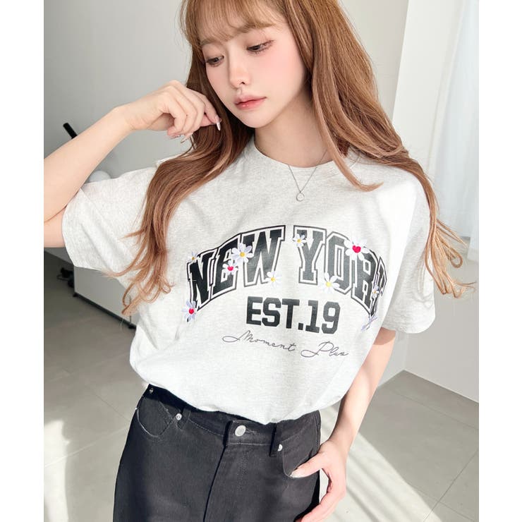 ロゴプリント＆フラワー刺繍Tシャツ 綿100%天竺 | moment+ | 詳細画像13 