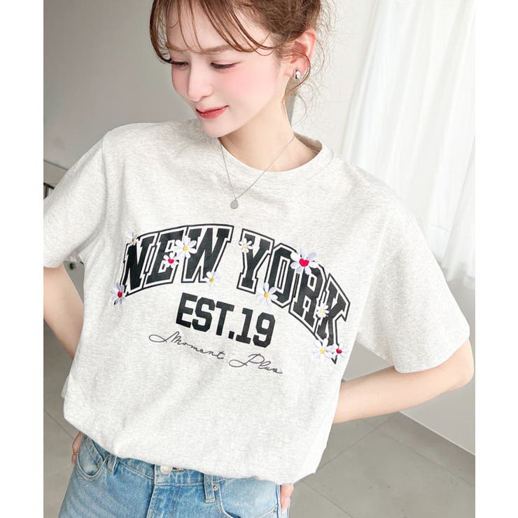 ロゴプリント＆フラワー刺繍Tシャツ 綿100%天竺 | moment+ | 詳細画像15 