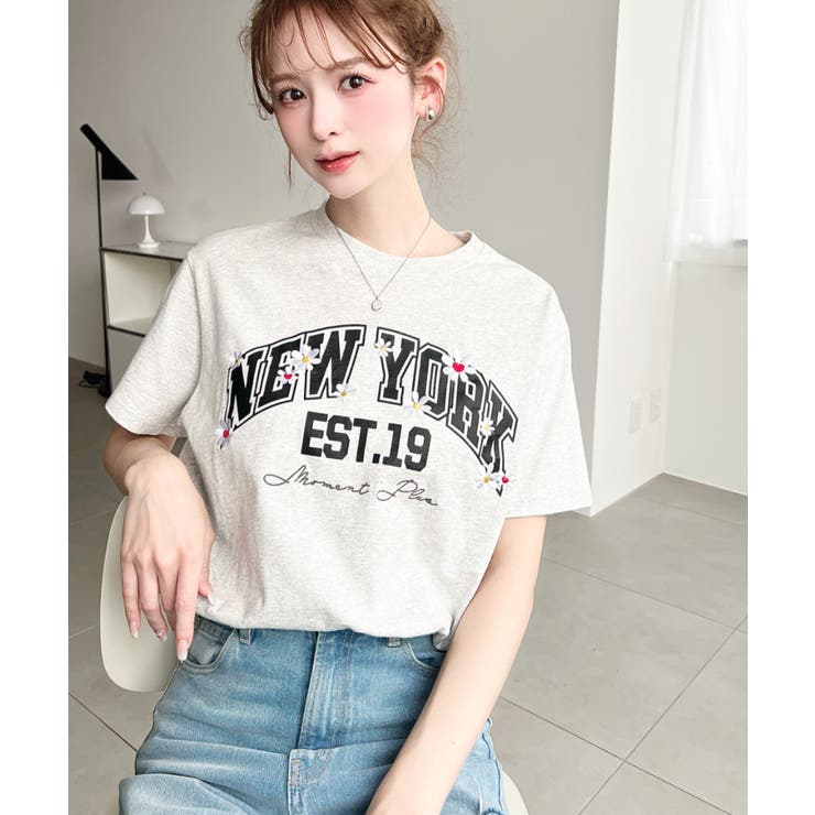 ロゴプリント＆フラワー刺繍Tシャツ 綿100%天竺 | moment+ | 詳細画像16 