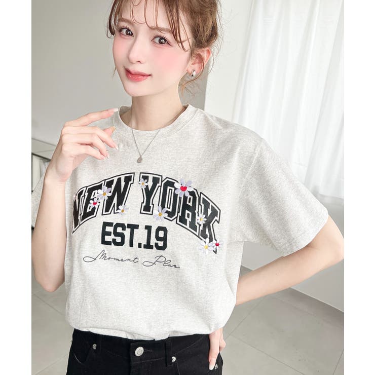 ロゴプリント＆フラワー刺繍Tシャツ 綿100%天竺 | moment+ | 詳細画像18 