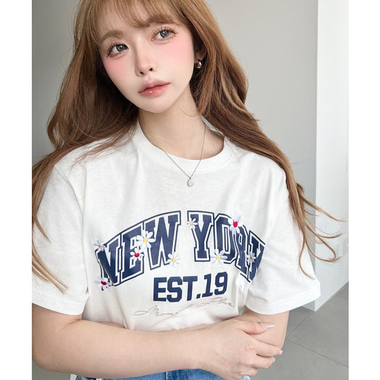 ロゴプリント＆フラワー刺繍Tシャツ 綿100%天竺 | moment+ | 詳細画像2 