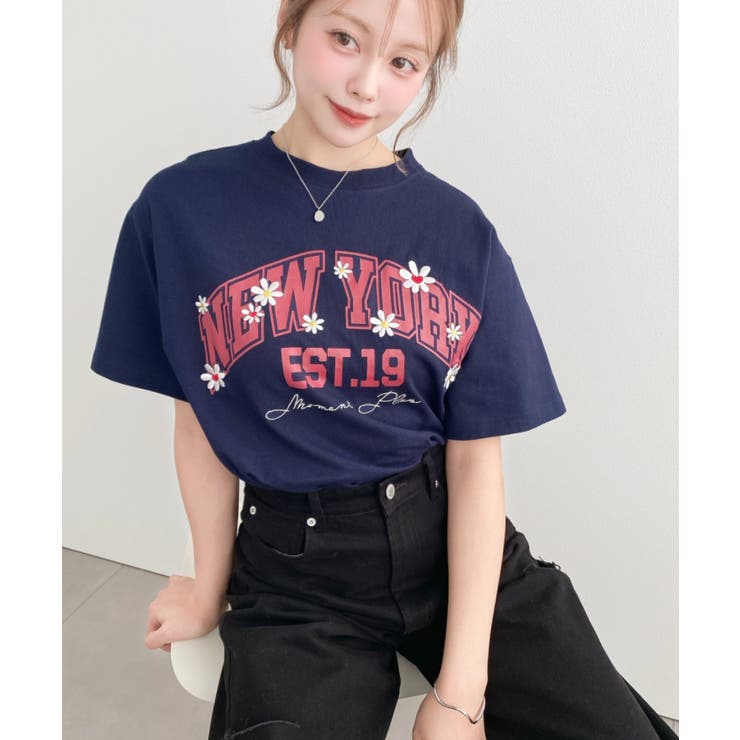 ロゴプリント＆フラワー刺繍Tシャツ 綿100%天竺 | moment+ | 詳細画像23 