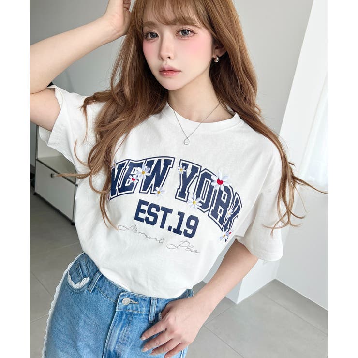 ロゴプリント＆フラワー刺繍Tシャツ 綿100%天竺 | moment+ | 詳細画像3 