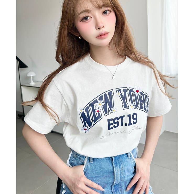 ロゴプリント＆フラワー刺繍Tシャツ 綿100%天竺 | moment+ | 詳細画像5 