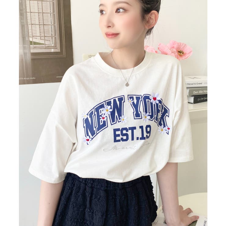 綿100%オーバーサイズロゴプリント＆フラワー刺繍半袖Tシャツ