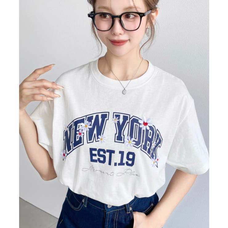 ロゴプリント＆フラワー刺繍Tシャツ 綿100%天竺 | moment+ | 詳細画像8 