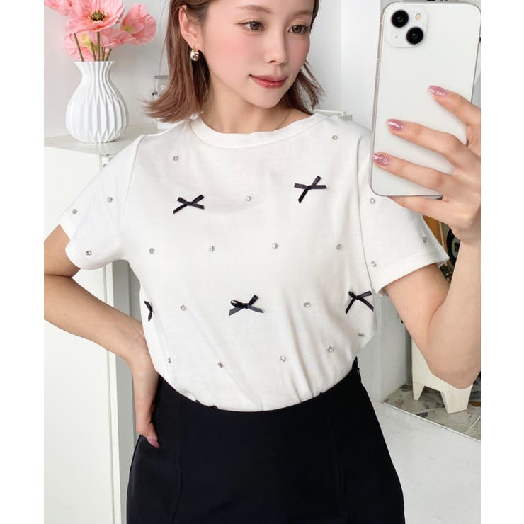 バックハートカットリボンビジュー半袖Tシャツ | moment+ | 詳細画像11 