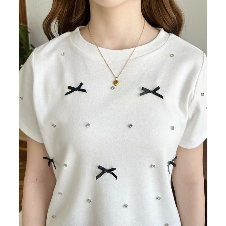 バックハートカットリボンビジュー半袖Tシャツ | moment+ | 詳細画像12 